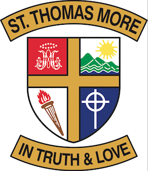 St. Thomas More school crest with a cross, four quadrant symbols, and the words ‘St. Thomas More’ and ‘In Truth & Love