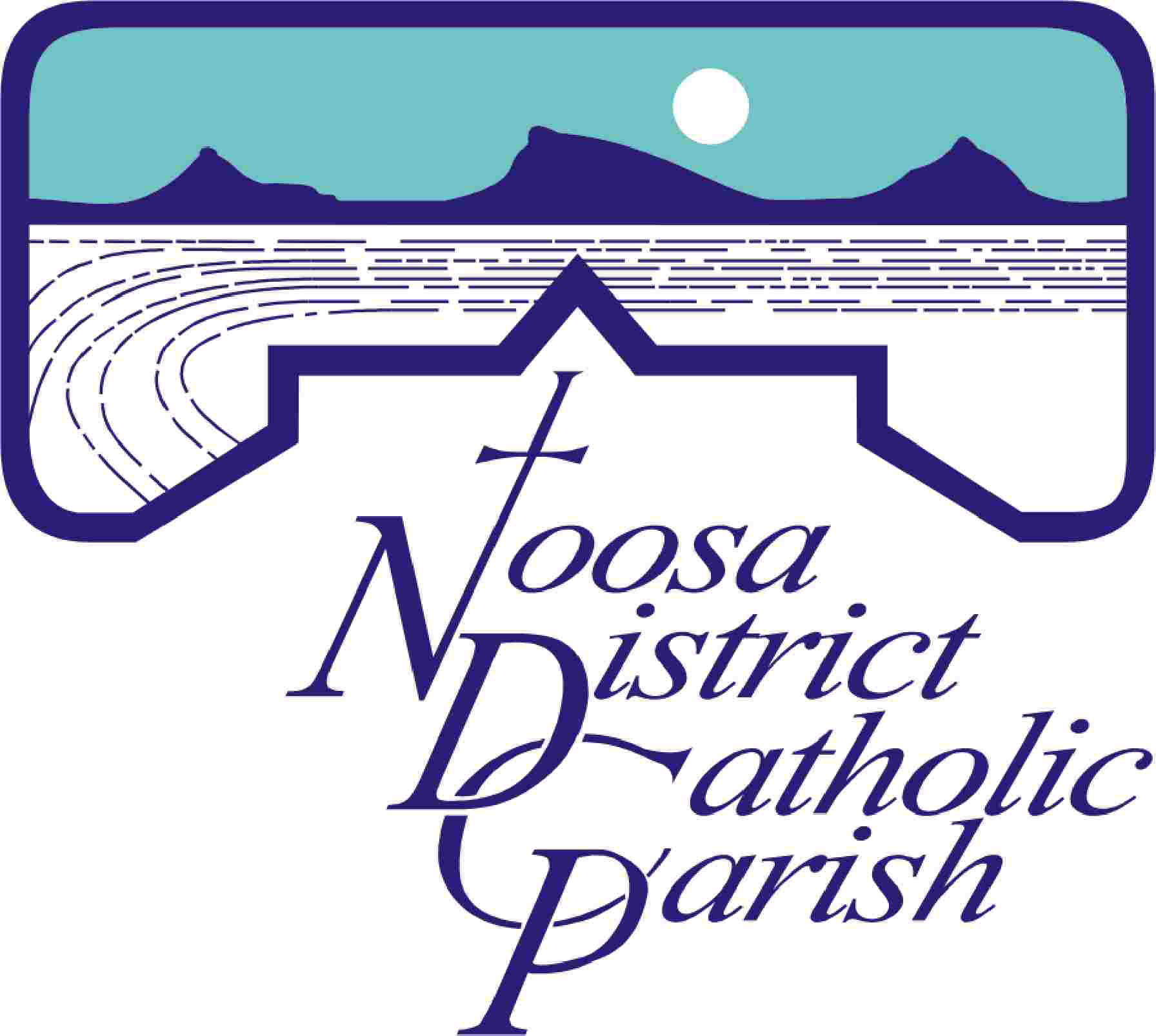 Logo of the Noosa District Catholic Parish with a stylized landscape and text