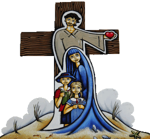 Stylized illustration of a large cross with a figure standing behind three children.